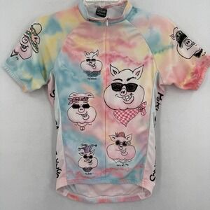 Borah Womens Cycling Jersey Size M Pink Pig Print Full Zip Pork Belly Ventures